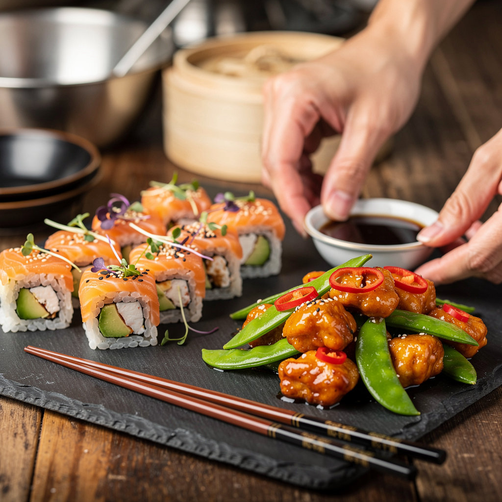 Shisan Fan Sushi and Chinese Restaurant fusion cuisine display featuring sushi rolls and Chinese dishes together in San Diego