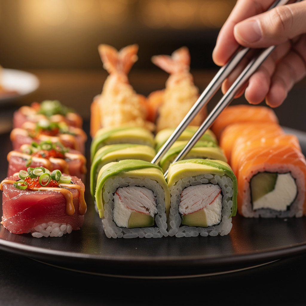 Shisan Fan Sushi and Chinese Restaurant specialty sushi rolls including California, spicy tuna, and shrimp tempura in San Diego