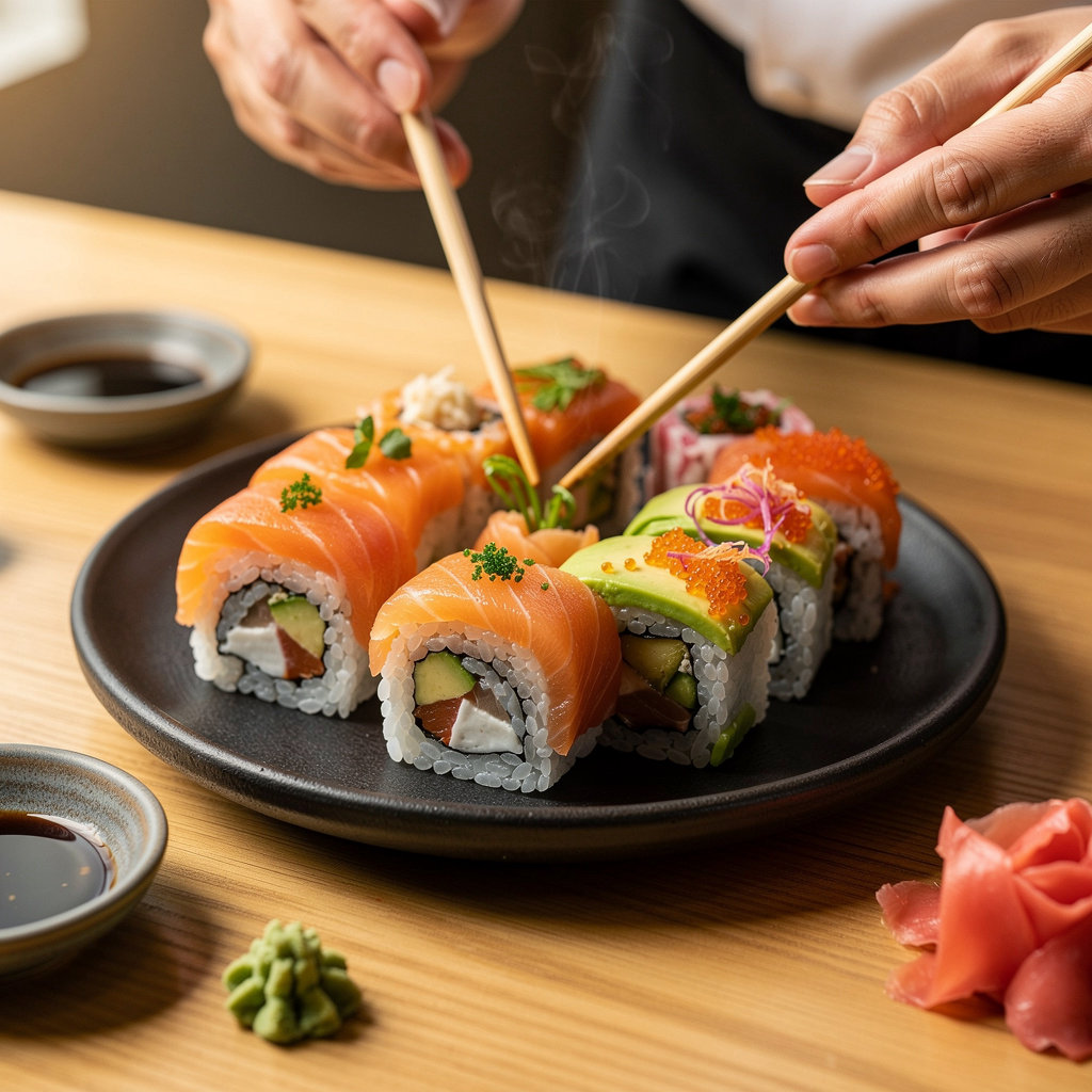 Shisan Fan Sushi and Chinese Restaurant signature sushi rolls including California, spicy tuna, and Philadelphia rolls in San Diego